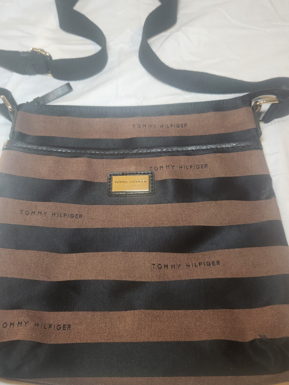Tommy Hilfiger Brown & Black Striped Crossbody Bag